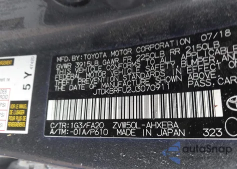 2018 Toyota Prius Two z USA, uszkodzony, nr VIN JTDKBRFU2J3070911